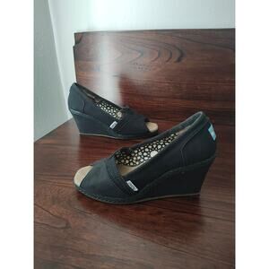 Black Toms Calypso Wedges Slip-On Peep Open Toe Canvas Women's Size 7w